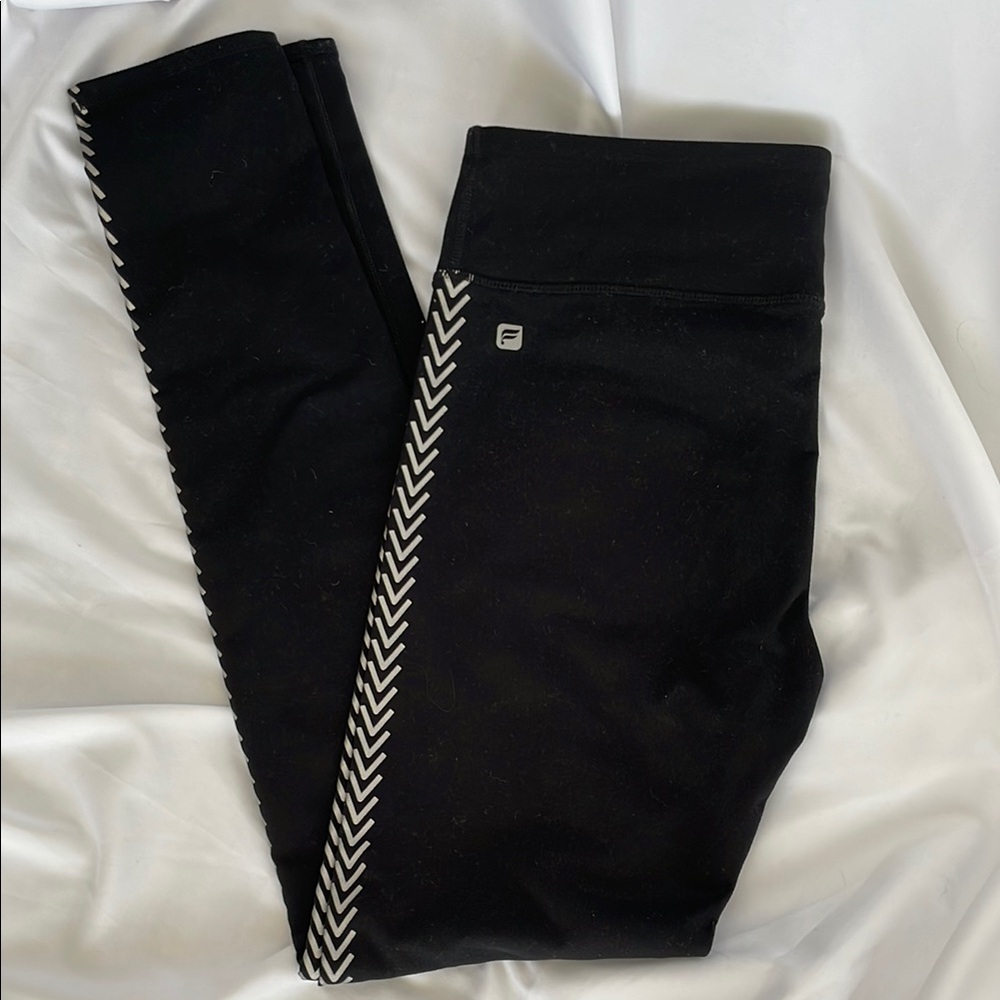Fabletics Black Leggings with Reflective Chevron Tuxedo Stripe Size 8